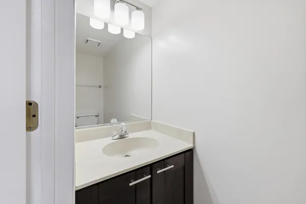 a bathroom with a sink vanity and a mirror