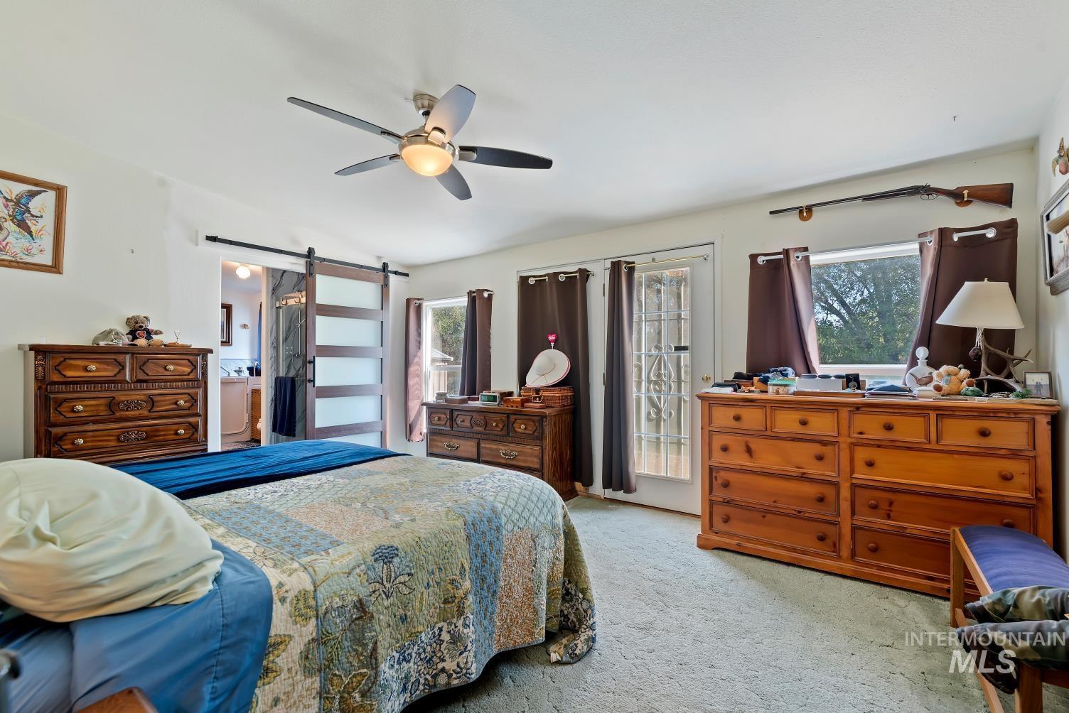 19152 Marsing Road Caldwell, ID 83607 - Photo 25 of 47 Spacious room featuring a ceiling fan with light fixture, light-colored carpeting, multiple windows, and a glass-paneled exterior door