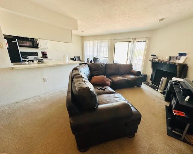 4448 Chaha Road, Unit 205 Garland, TX 75043 - Photo 1 of 5 Open concept living area featuring a breakfast bar, kitchen pass-through, fireplace, and sliding glass door