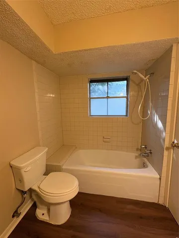 a bathroom with a toilet and a bath tub