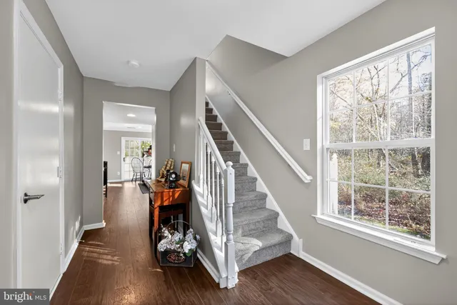 a view of hallway with wooden floor and windows