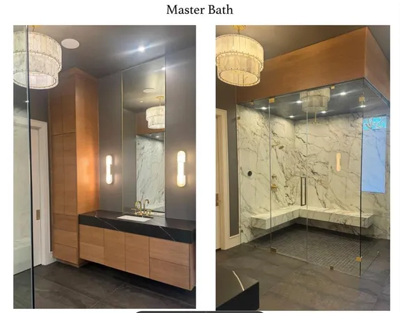 a bathroom with a sink a mirror and shower