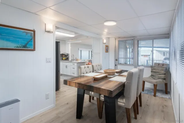 a view of a dining room with furniture