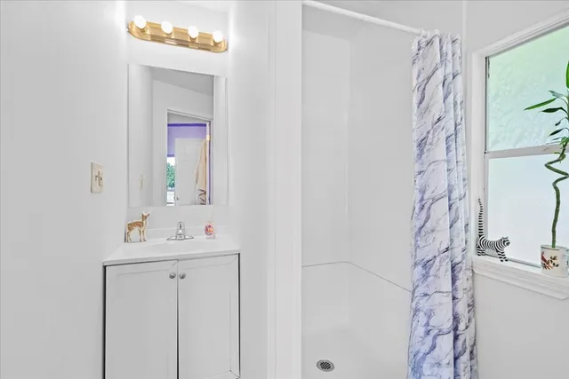 a bathroom with a sink a mirror and shower curtain