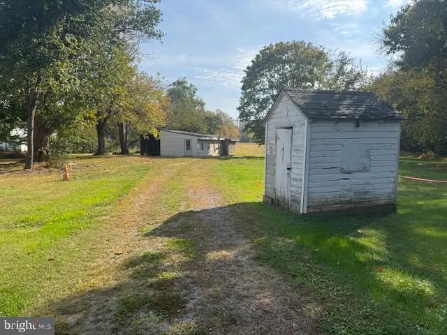 a view of a backyard with large trees