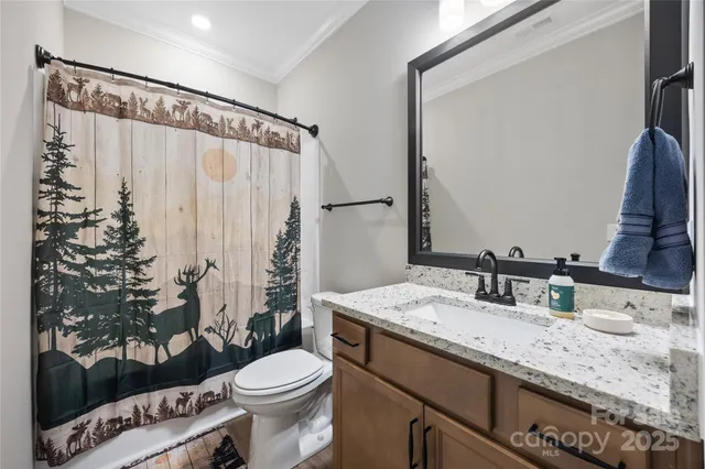 a bathroom with a granite countertop sink mirror vanity and toilet