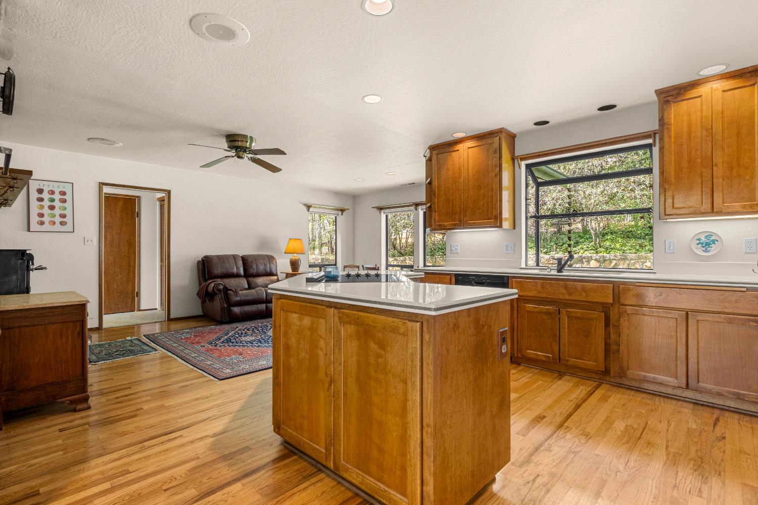 3099 Briw Road Placerville, CA 95667 - Photo 25 of 47 a large kitchen with stainless steel appliances granite countertop a sink dishwasher a stove and a refrigerator with wooden floor