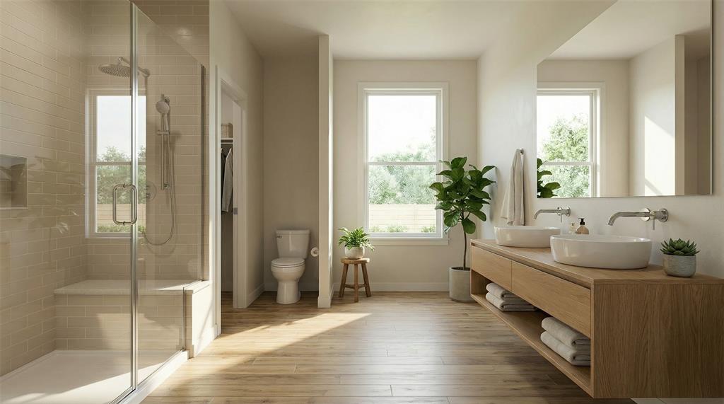 700 South Deer Park Road Decatur, TX 76234 - Photo 31 of 40 Full bath featuring double vanity, a shower stall, plenty of natural light, and wood-type flooring