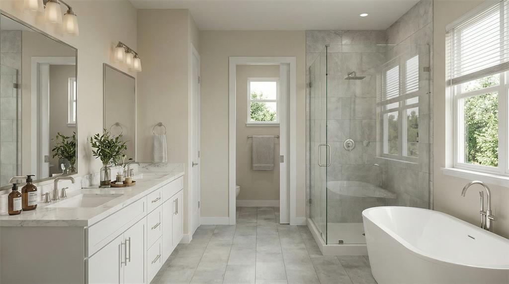 700 South Deer Park Road Decatur, TX 76234 - Photo 35 of 40 Bathroom featuring double vanity, a freestanding bath, and a stall shower