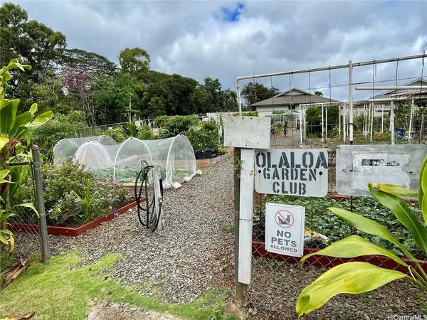 a view of a garden with a house