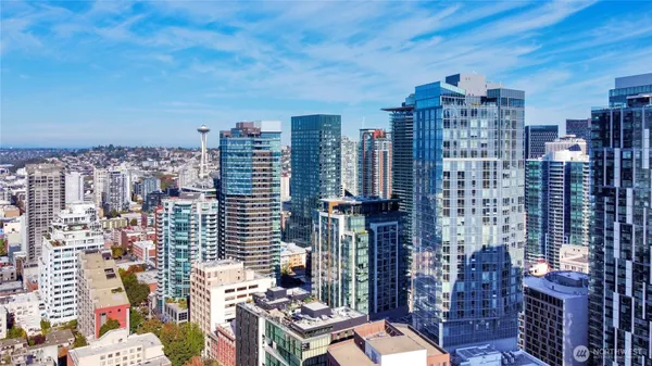 a city view with tall buildings