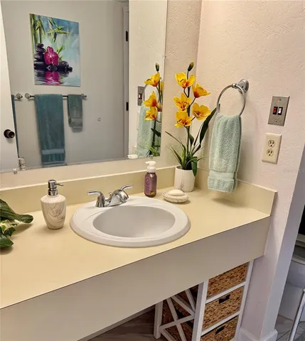 a bathroom with a sink and a mirror