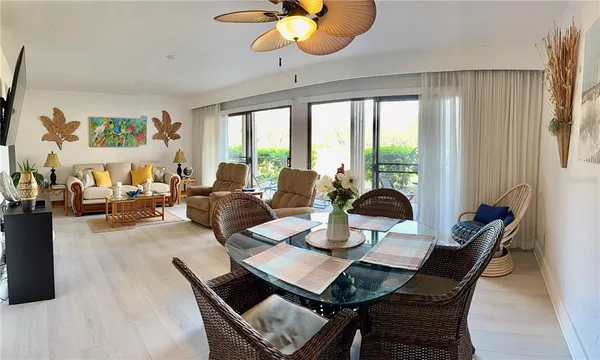a view of a dining room with furniture window and outside view