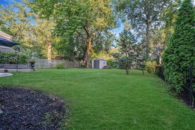 a view of a backyard with large trees