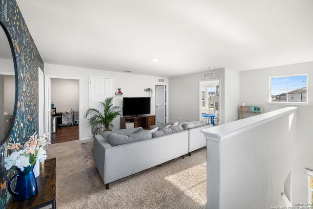 a living room with furniture a flat screen tv and a potted plant