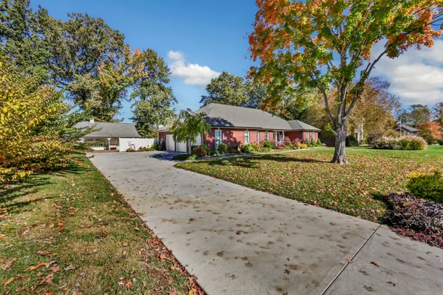 a view of street with houses and trees in the background