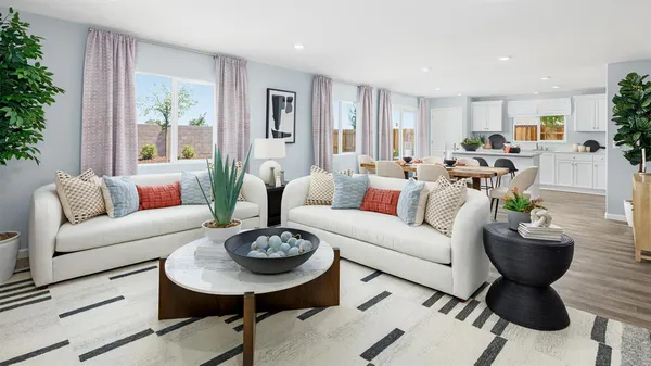 a living room with furniture a table and a potted plant
