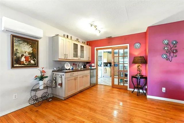 a view of a dining room with furniture window and outside view
