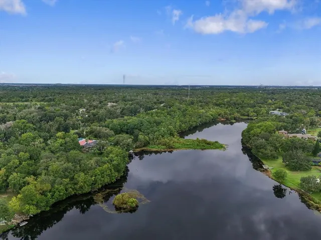 a view of a lake with a city