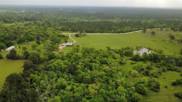 an aerial view of residential houses with outdoor space and trees