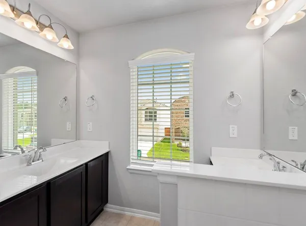 a bathroom with a sink and a large mirror