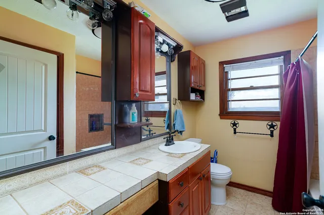 a bathroom with a sink a toilet and mirror