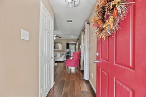 a view of a hallway with a workspace