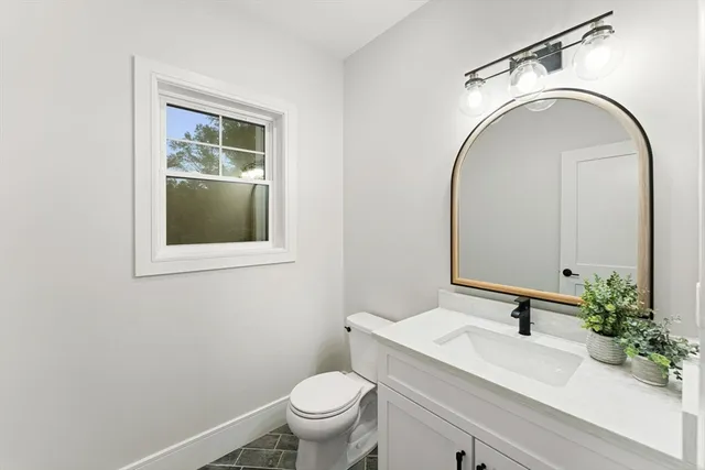 a bathroom with a toilet a sink and mirror