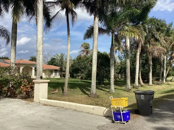 front view of a building with potted plants and palm trees