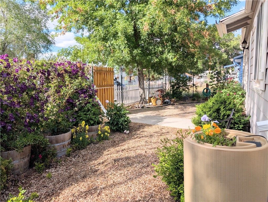 102 Rowan Drive Caliente, NV 89008 - Photo 3 of 28 A quaint pathway winds through a vibrant yard, bordered by flourishing flora and a charming picket fence.