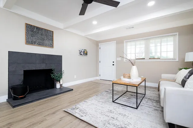 a living room with furniture and a fireplace
