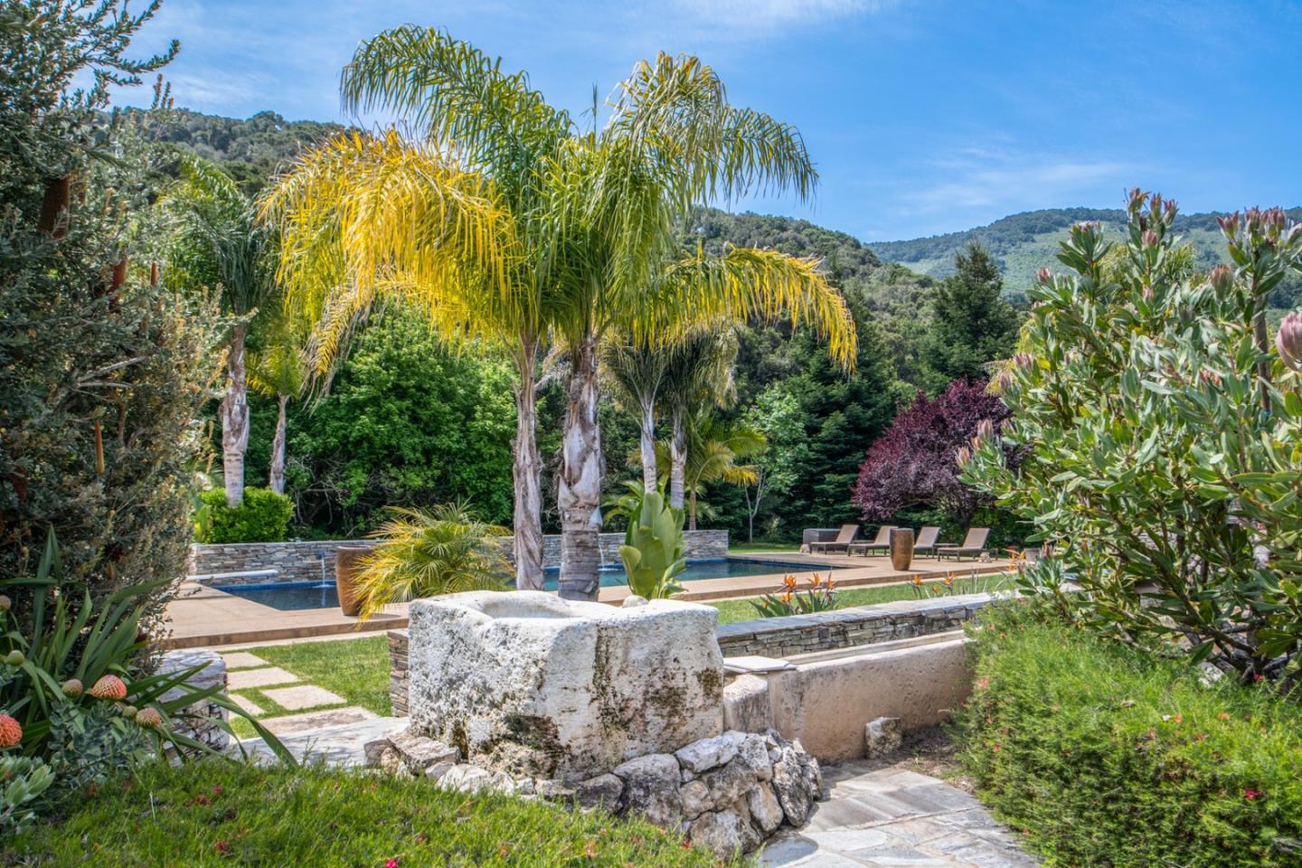 8630 River Meadows Road Carmel, CA 93923 - Photo 32 of 50 a view of a backyard with plants and a fountain