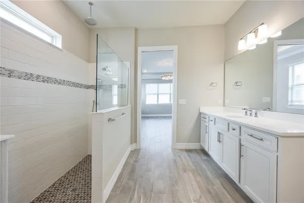 a bathroom with a sink a mirror and a shower