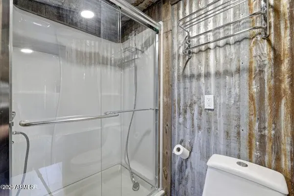 a bathroom with a shower and a toilet