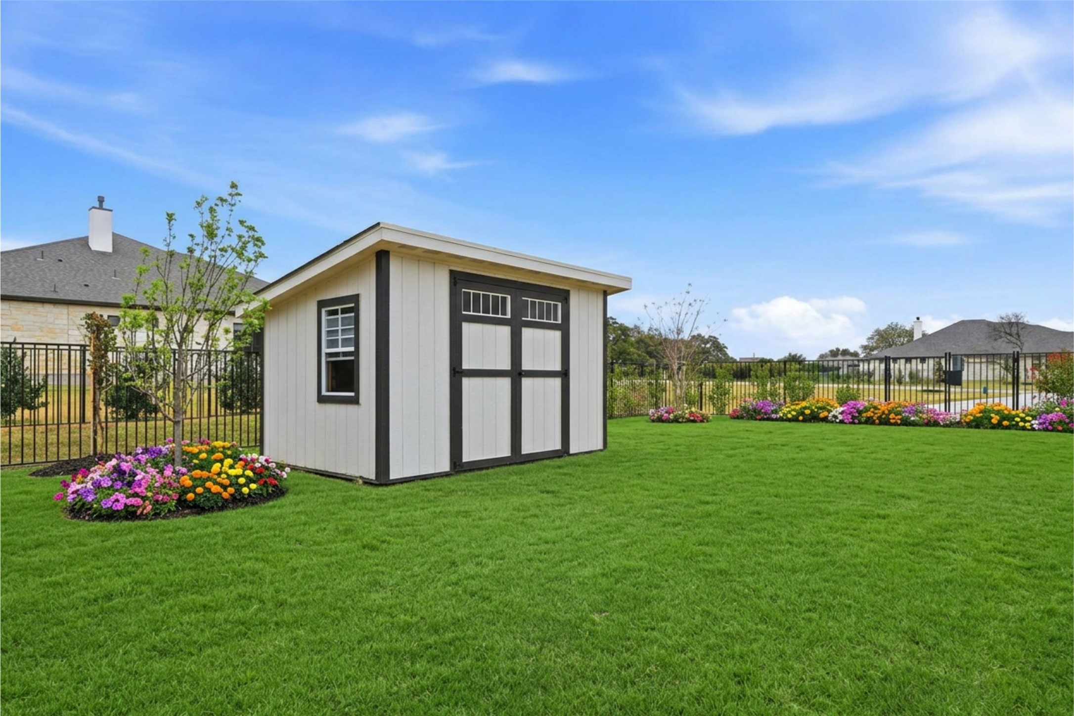201 Miranda Way Georgetown, TX 78633 - Photo 33 of 37 A well-maintained lawn and a quaint storage shed offer functional outdoor space, bordered by a vibrant floral display.