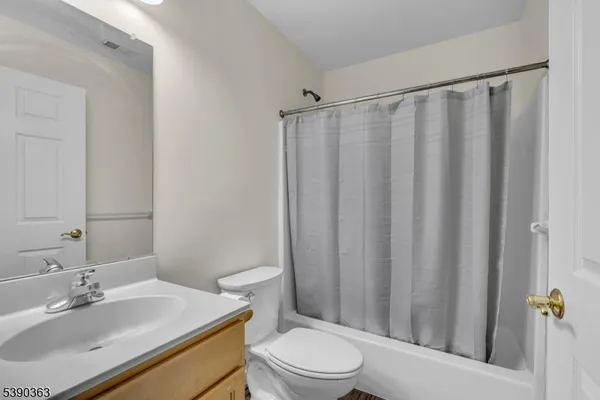 a bathroom with a sink a toilet a mirror and shower curtain