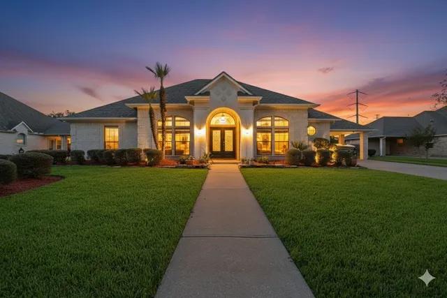 a view of a big house with a big yard and potted plants