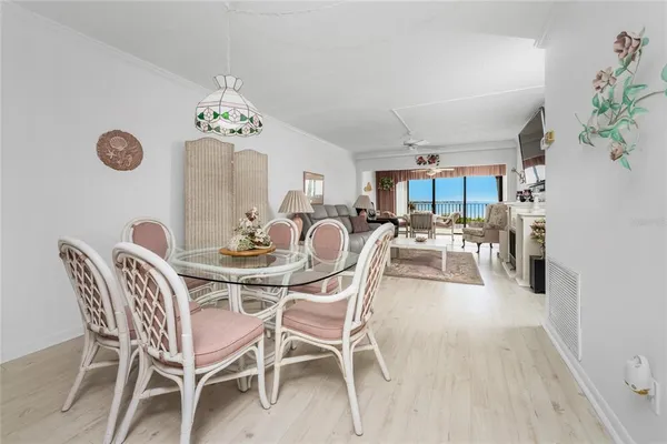 a view of a dining room with furniture