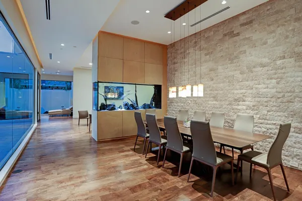 a view of a dining room with furniture
