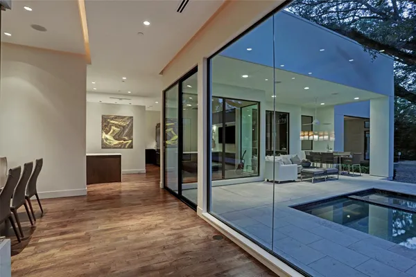 a lobby with furniture and window