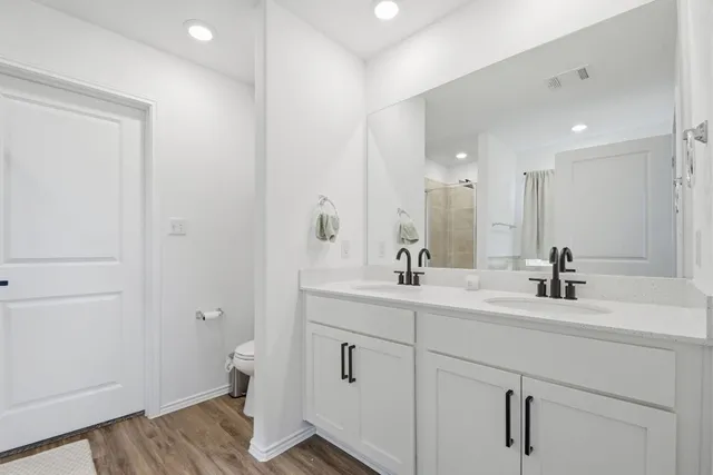 a bathroom with a sink a toilet a shower and a mirror