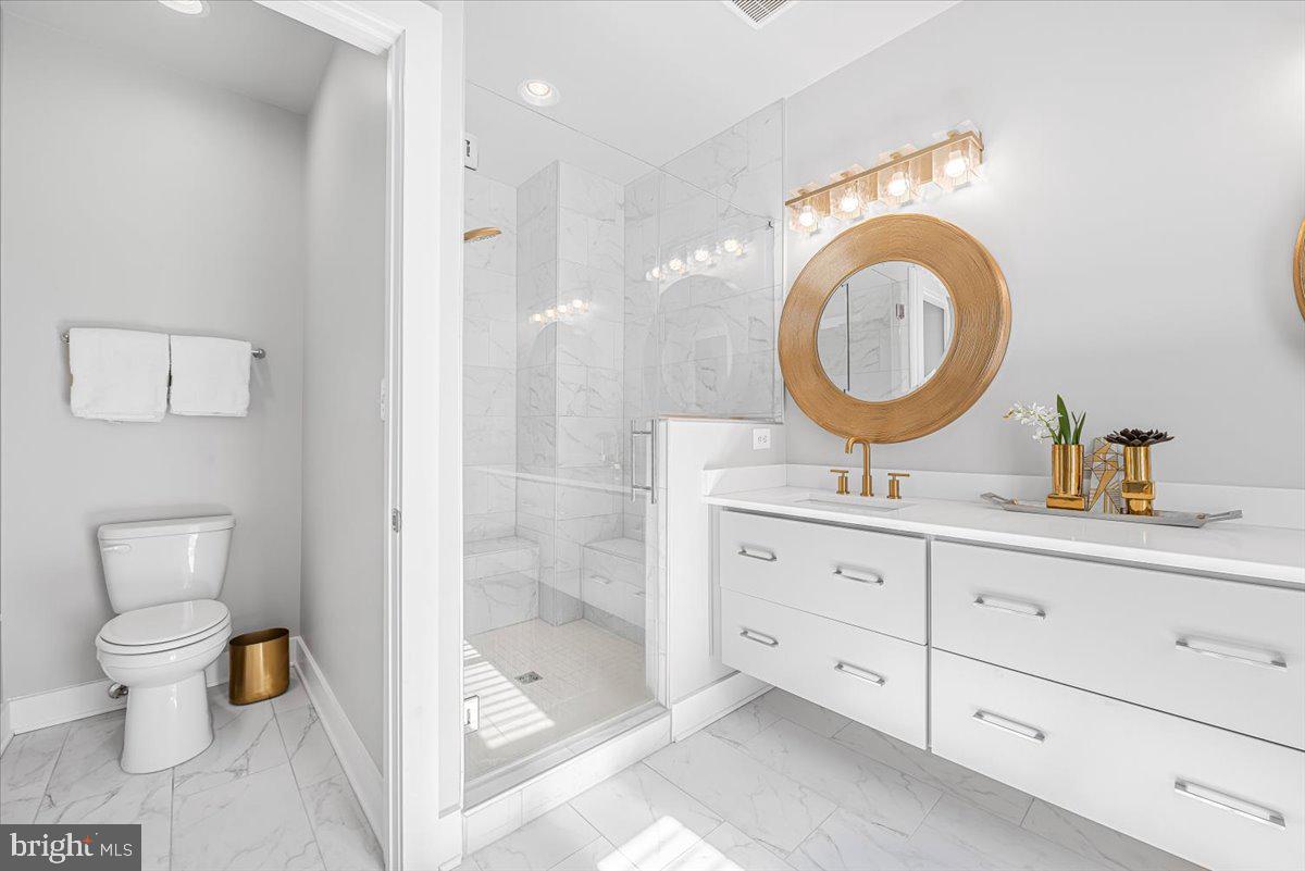 8197 River Road Bethesda, MD 20817 - Photo 26 of 53 a bathroom with a toilet a sink a mirror and a shower