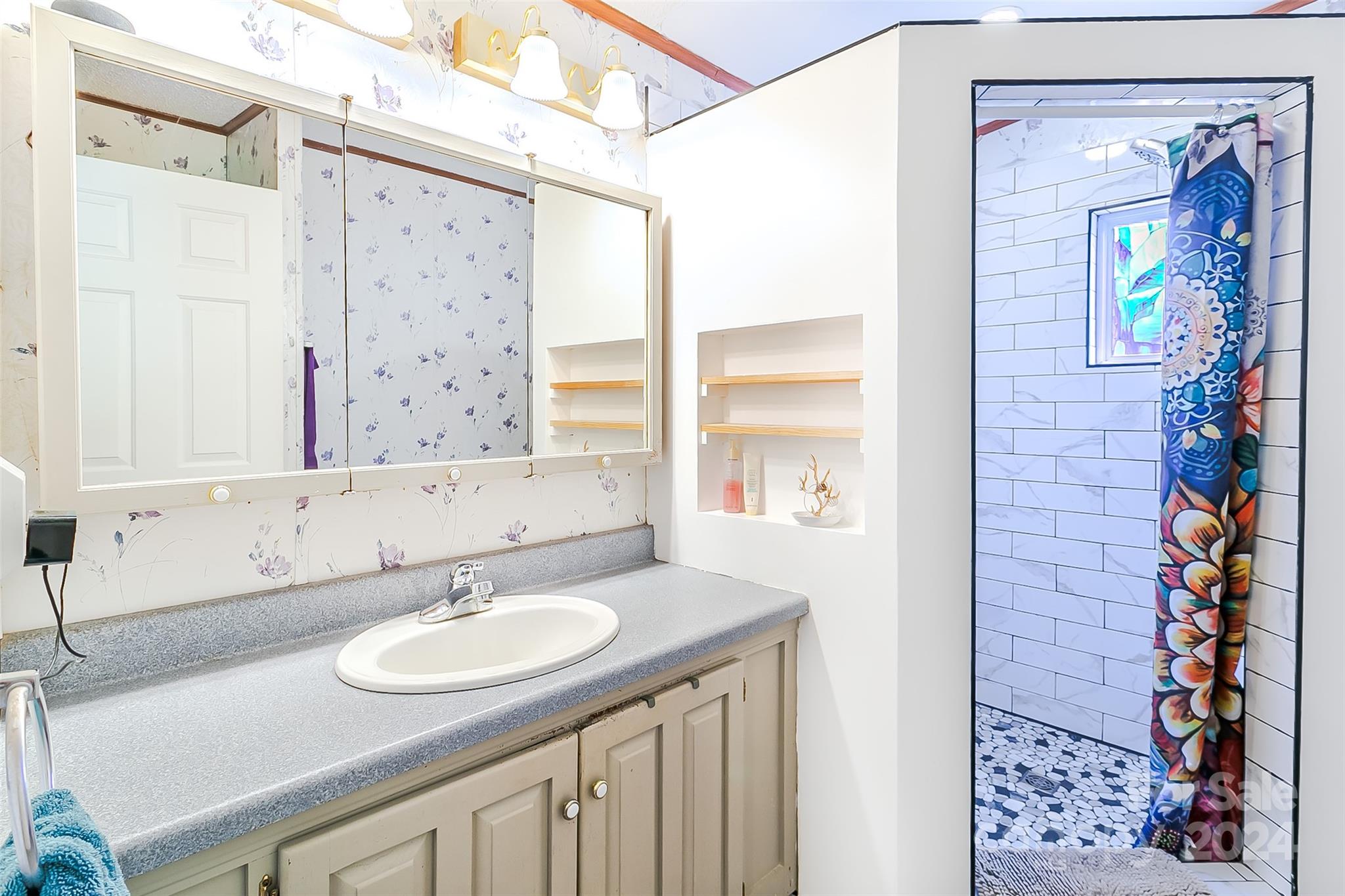 687 Newfound Road Leicester, NC 28748 - Photo 15 of 43 a bathroom with a sink and a mirror