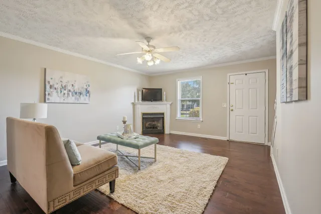 a living room with furniture and a fireplace