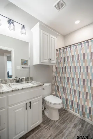 a bathroom with a granite countertop toilet a sink a mirror a shower and a window