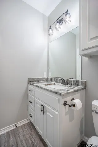 a bathroom with a granite countertop sink and a mirror
