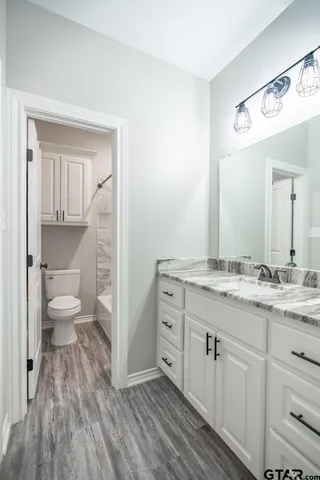 a bathroom with a granite countertop sink mirror and toilet