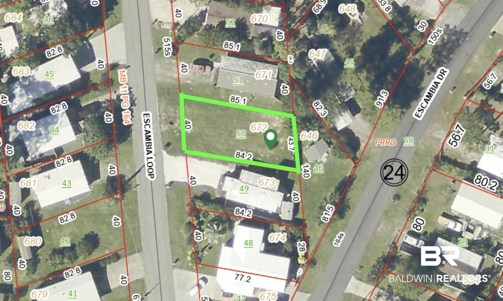672 Escambia Loop Lillian, AL 36549 - Photo 1 of 24 Aerial map of property and surrounding area with property parcel outlined