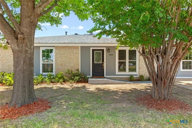 front view of a house with a large trees and a yard