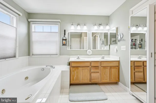 a bathroom with a tub sink and mirror